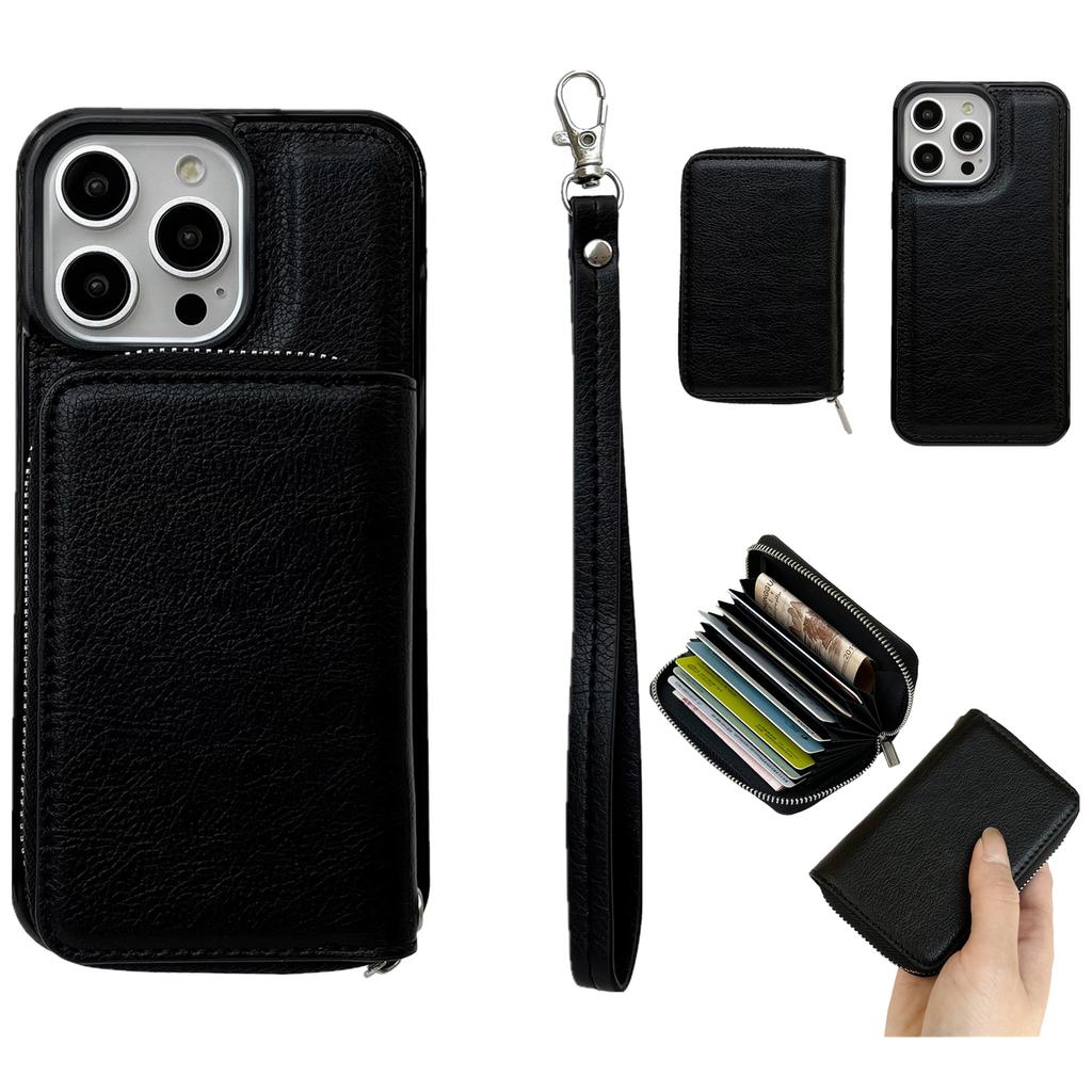 For iPhone 16 Pro Max Case Detachable Zipper Card Bag PU+TPU Kickstand Phone Case with Strap