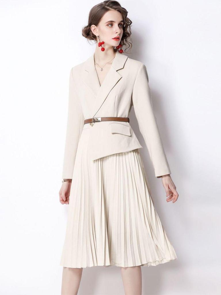 Fashion Runway Autumn Midi Pleated Dress for Women's Notched Collar Long Sleeve Vintage Blazer Dress With Belt