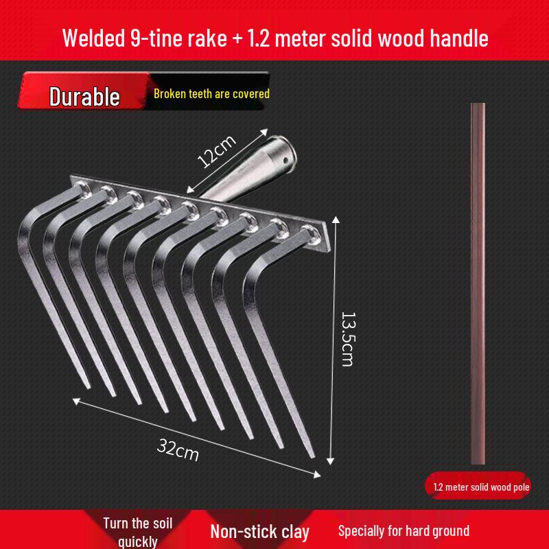 Nine-Tooth Manganese Steel Rake: Soil Loosening, Grass Raking, Weeding, and Hoeflatting Agricultural Tool.