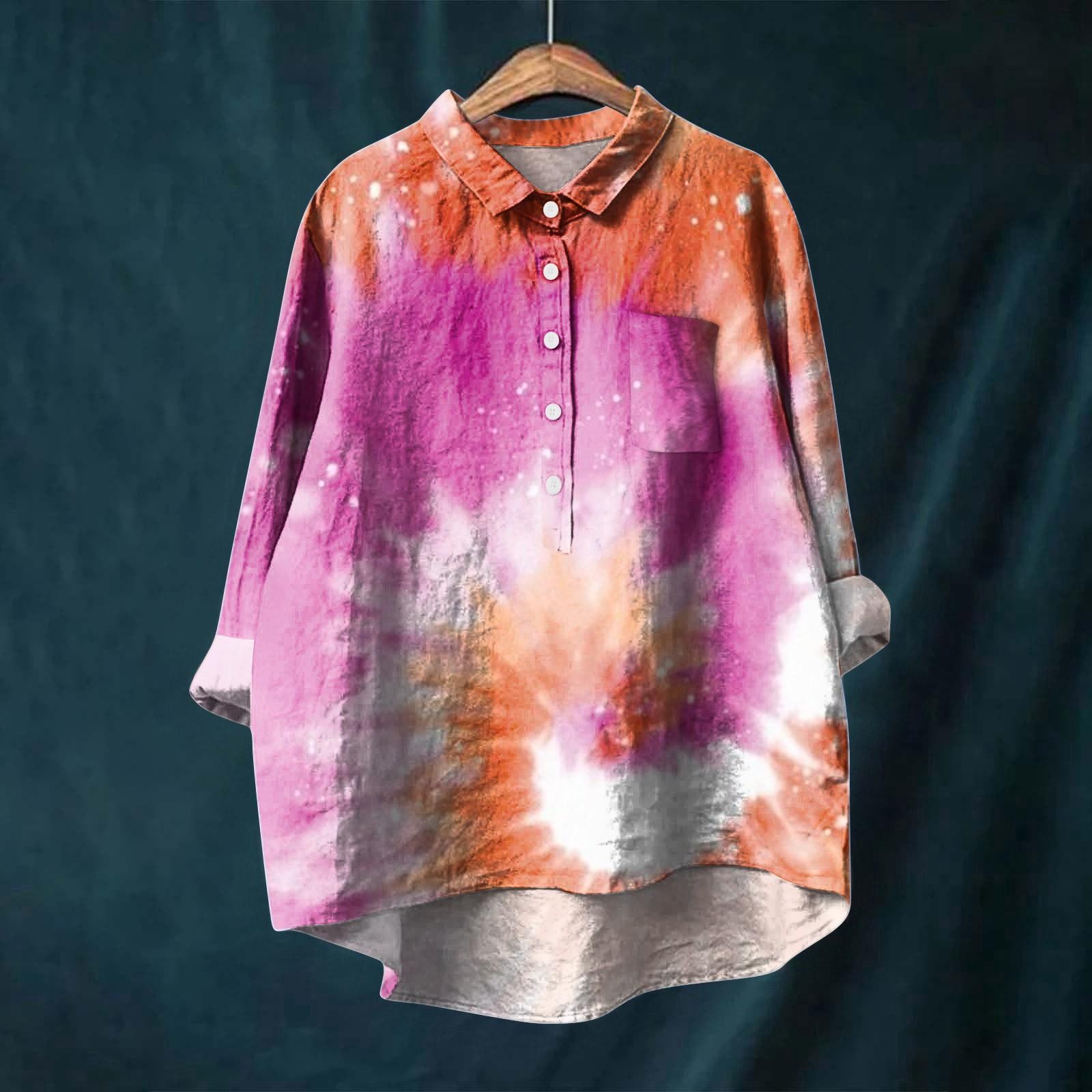 

Women s Long Sleeve Shirt Button Retro Gradient Print Casual Hem Irregular Shirt Collar Top L