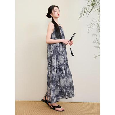Sancai Molantingyu 2025 Summer New Chinese Style Printed Chiffon Sling Maxi Dress