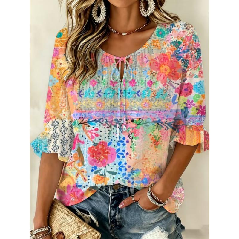 Women's elegant printed lace-up flared top, stylish and versatile, comfortable and skin-friendly