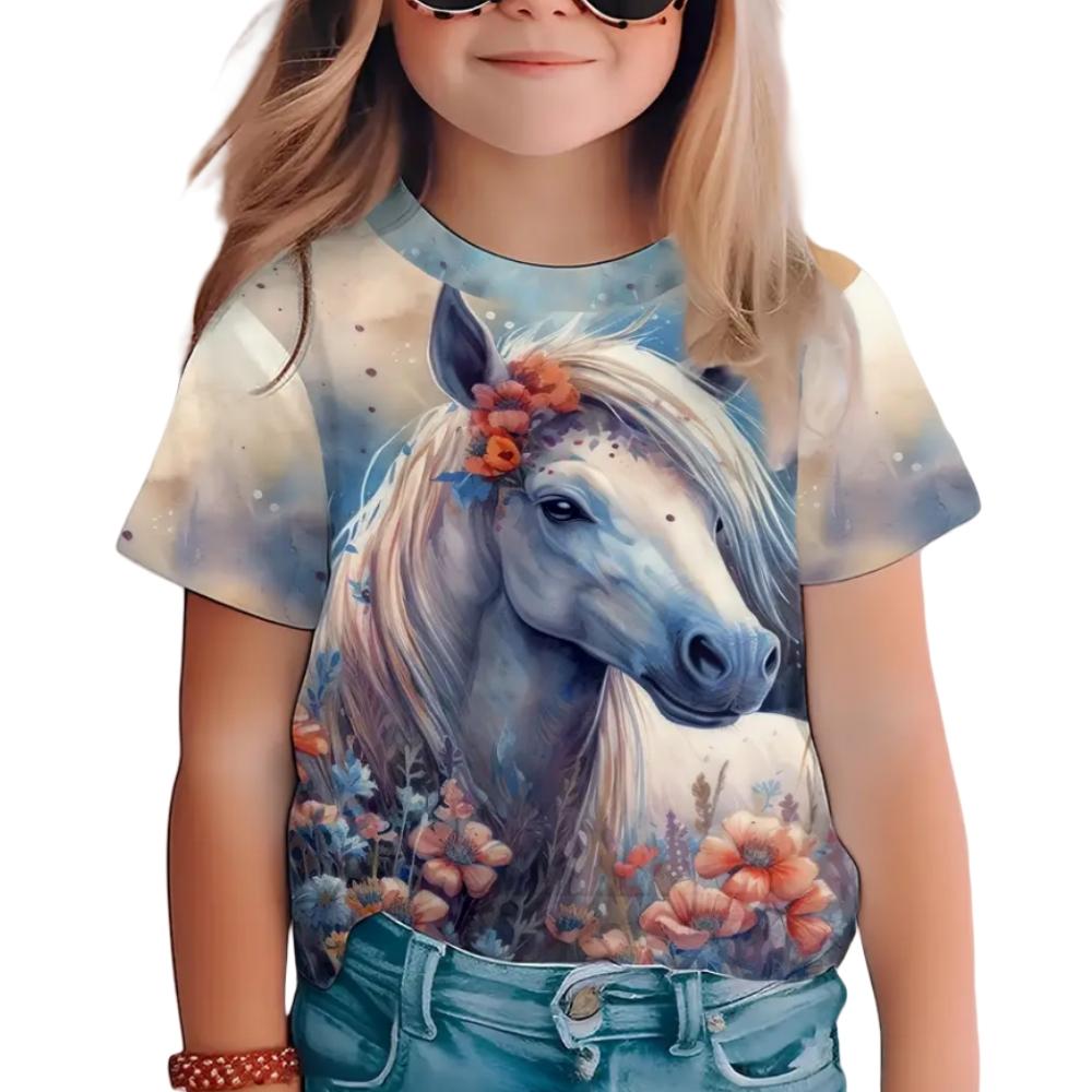 

Одежда для девочек Летняя Милая и Смешная Животное Лошадь Круглый вырез Короткий рукав Принт Мода Уличная одежда Топы 160