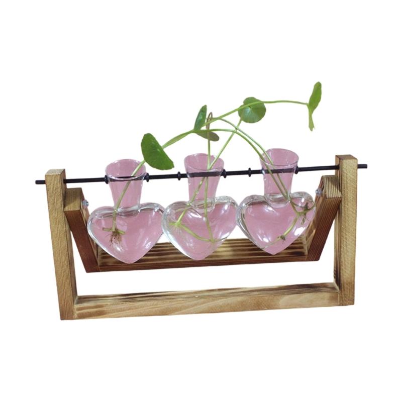 Modern Heart Shape Glass Vases Set With Wooden Frame Suitable For Hydroponic Plant Florals Displays And Home Styling