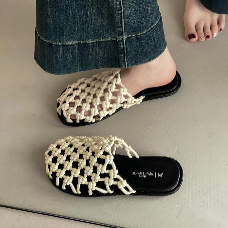 French Retro Simple Flat-bottomed Sandals Woven Hollow Bag Head Half Slippers Women's Summer Versatile Outer Wear Beach Slippers