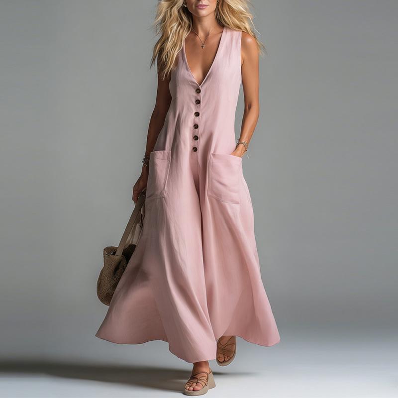 Spring/Summer 2026 Deep V-neck Solid Color Casual Dress with Patch Pockets