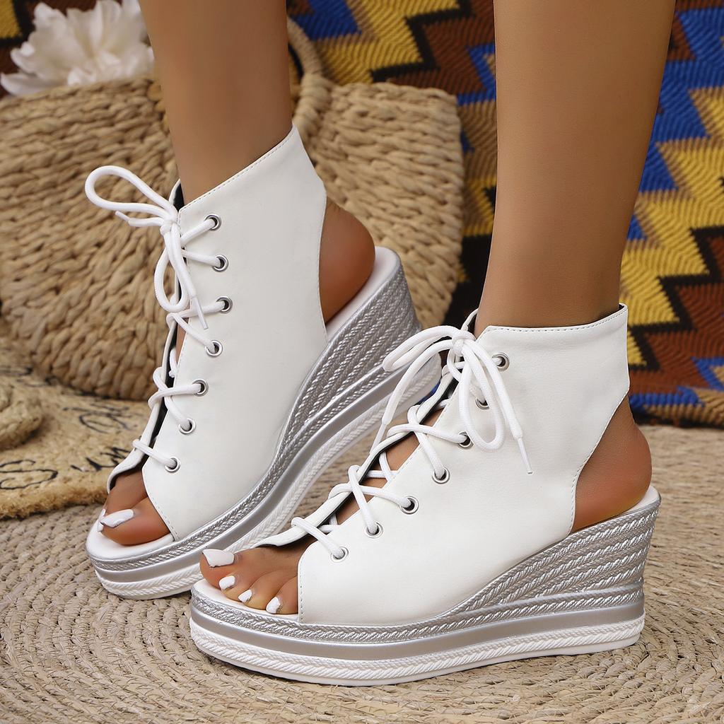 Fashion Casual Canvas Lace Up Peep Toe Sandals Women 2025 Summer Sexy Chunky Platform Wedge Heel Sandals Fashion High Heel Ankle Shoes