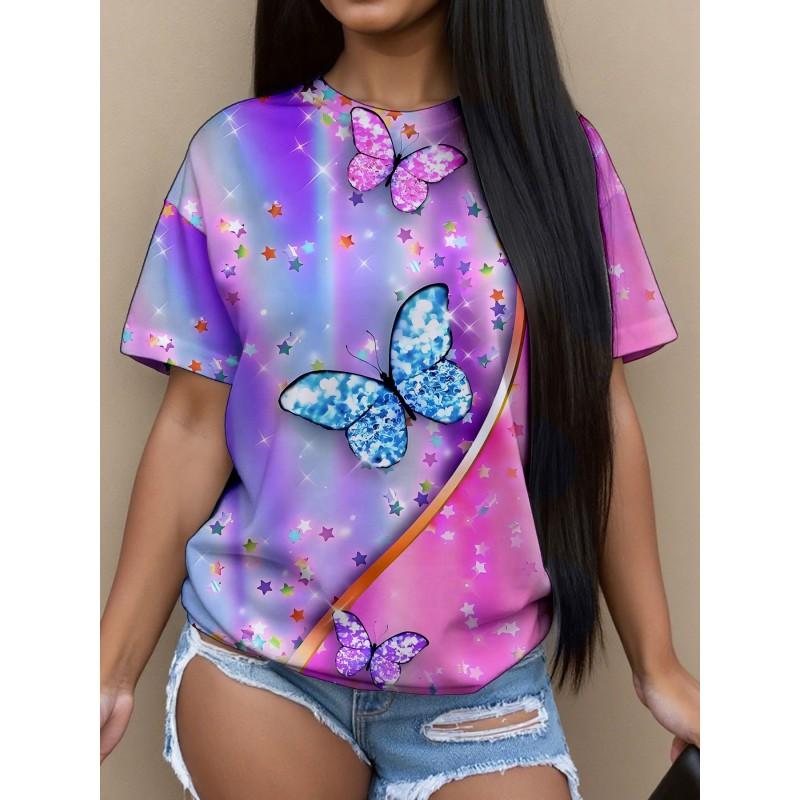 Womens Casual Round Neck Short Sleeve T-Shirt With Butterfly Print Loose Fit 2025