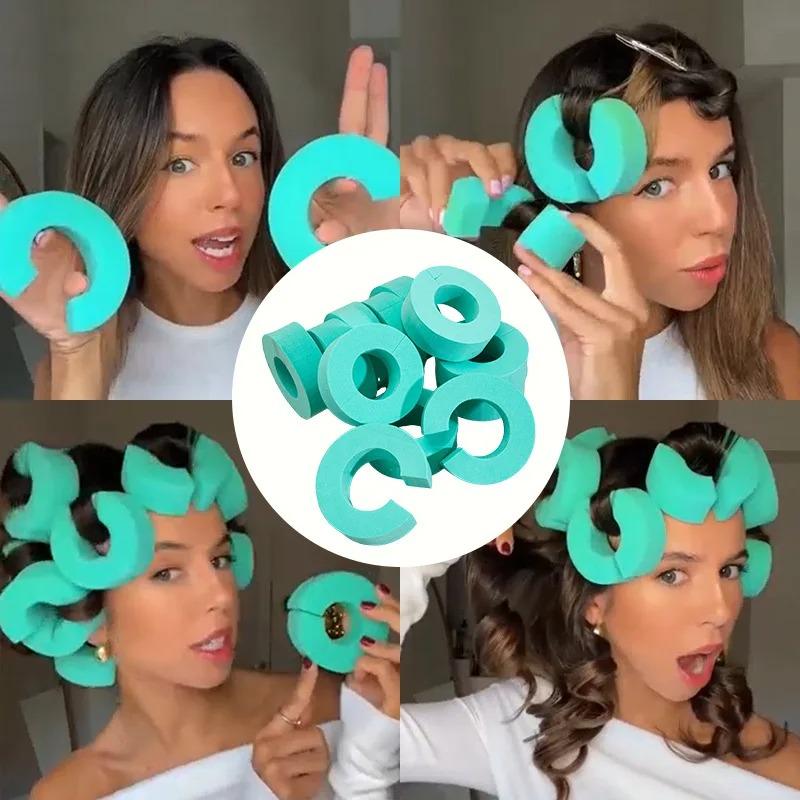 12PCS Heatless Hair Curlers Sponge Foam Rollers Curling Clips C Shape Portable Soft Curls Sleeping Flexi Rods Hair Styling Tools