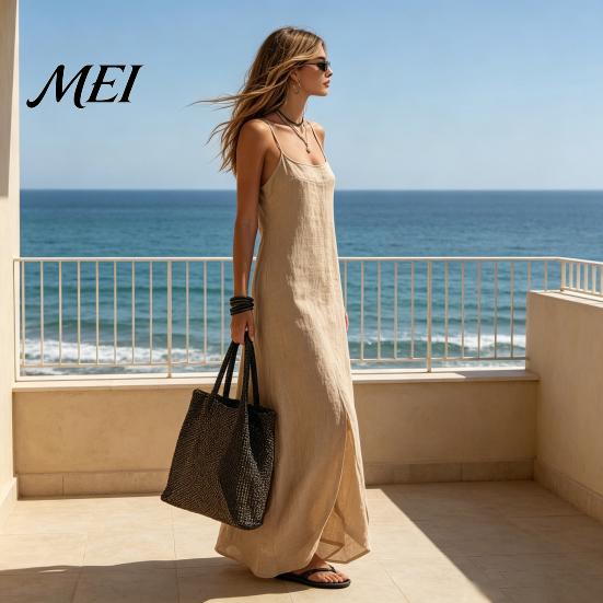 Versatile Women Dress Women's Sleeveless Maxi Dress, Square Neck Spaghetti Strap Retro Style Casual Long Summer Slit Beach Vacation Sundress Everyday