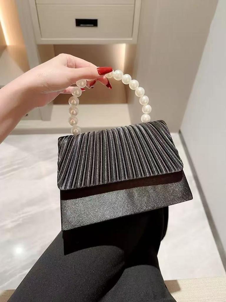 New Satin Dinner Bag Pearl String Handbag Dress Evening Bag Elegant Pleated Flip Bag Celebrity Small Square Bag