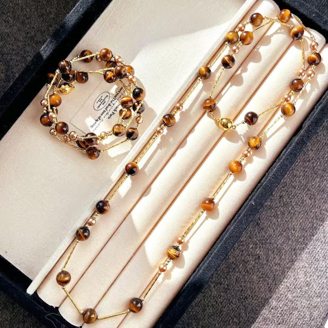 High-Quality Retro Design High-Quality Natural Tiger S Eye Stone Sweater Chain Necklace