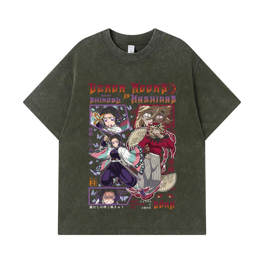 

275 GSM Washed T-shirts 100% Cotton Demon Slayer V92 Doma x Shinobu Print Unisex Heavy Cotton T Shirt S армия зеленый
