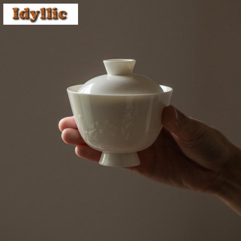130ml Ivory White Pine Bamboo And Plum Gaiwan Aesthetic Tea Tureen Household Tea Bowl With Lid Kit Tea Maker Cover Bowl Teaware