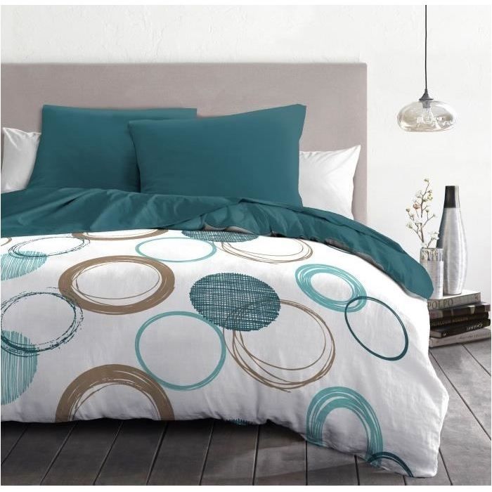 Parure de couette HOME LINGE PASSION Audace - couette 220 x 240 cm + 2 taies d'oreiller 63x63 cm - Bleu canard