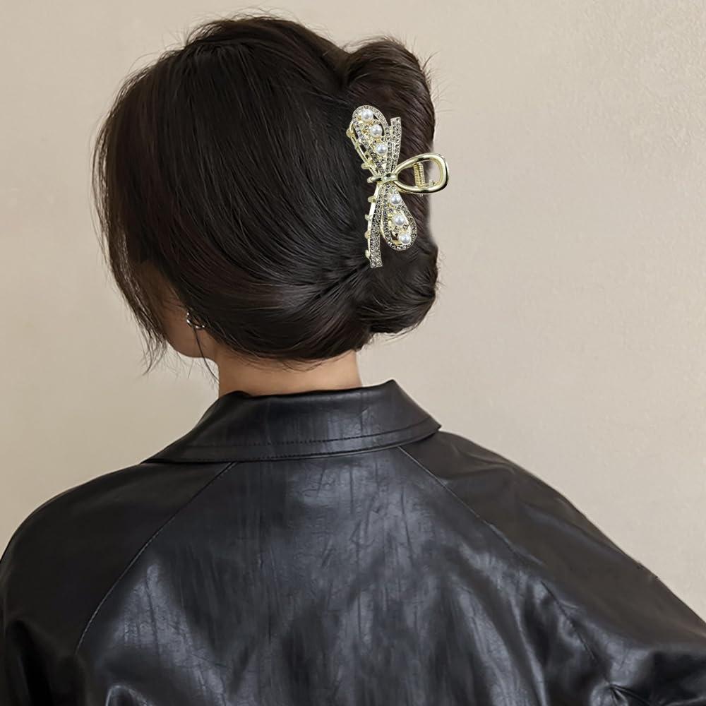 Elegant Large-sized Sweet Women's Hair Clip Diamonds Hollow Heart-shaped Pearl Design Korean-style Accessory for Up-dos