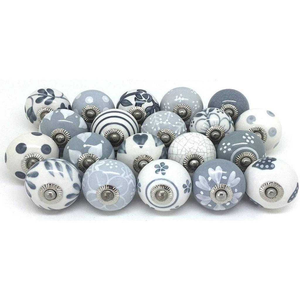 Ceramic Knobs World Door knobs for Drawers Vintage Handmade Blue Mandala Cabinet Handle for Kitchen Wardrobe Furniture (Grey, Pack of 25)