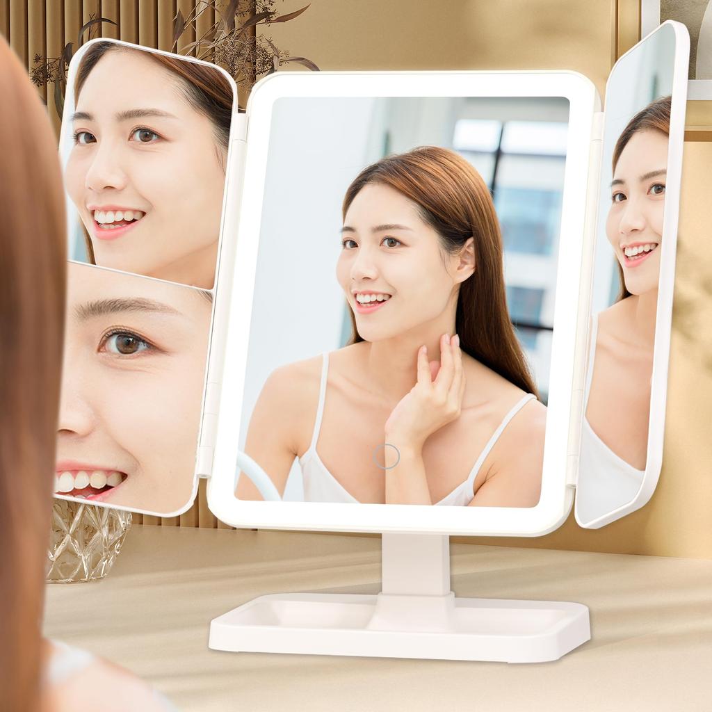 Browgrow Actress Tabletop Mirror with LED Makeup 3 Color Brightness Adjustable Charging Mirror, Mirror, Three-Sided Light, Mirror, Foldable,