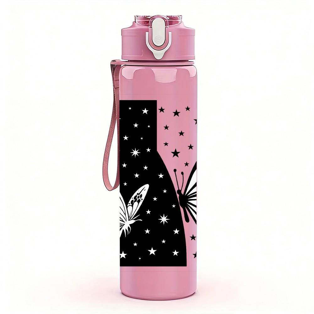 1PC Black White Butterfly Star Frame 750ml Color Plastic Sports Water Bottle Leakproof Flip Straw Lid For Sports Office Home Use