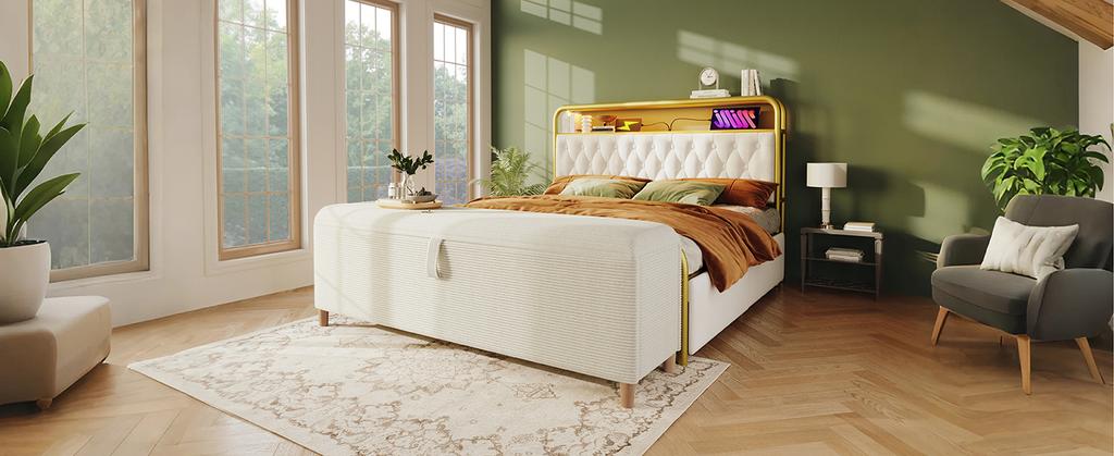 Banc de lit avec rangement, 145 x 38 cm, Banc rembourré avec rangement hydraulique, Coffre de rangement, Chambre à coucher, Salon et Couloir, Aspect velours côtelé beige.