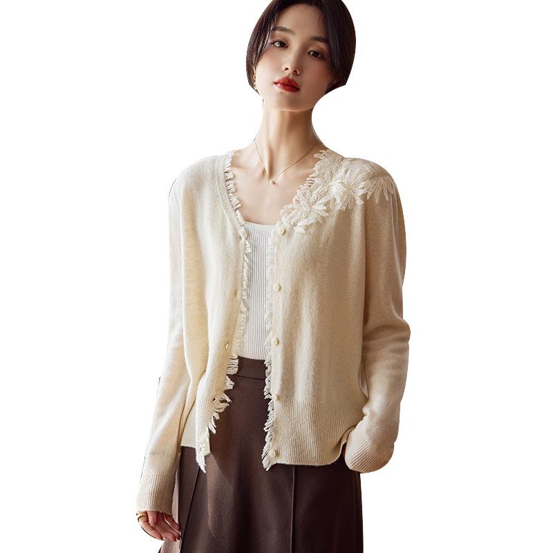 Autumn/Winter Handmade Crochet Lace Fringed 100% Wool Women's V-Neck Knit Cardigan