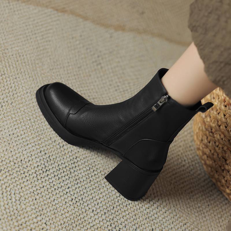 Krazing Pot Cow Leather Winter Round Toe Med Heels Platform Boots Women Zipper Ankle Boots