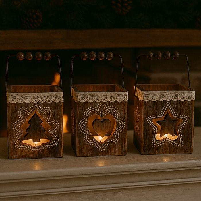 Wooden Candle Holders - SIROCO - Set of 4 - Heart, Star, Fir Tree Motifs - Christmas Atmosphere - Rustic