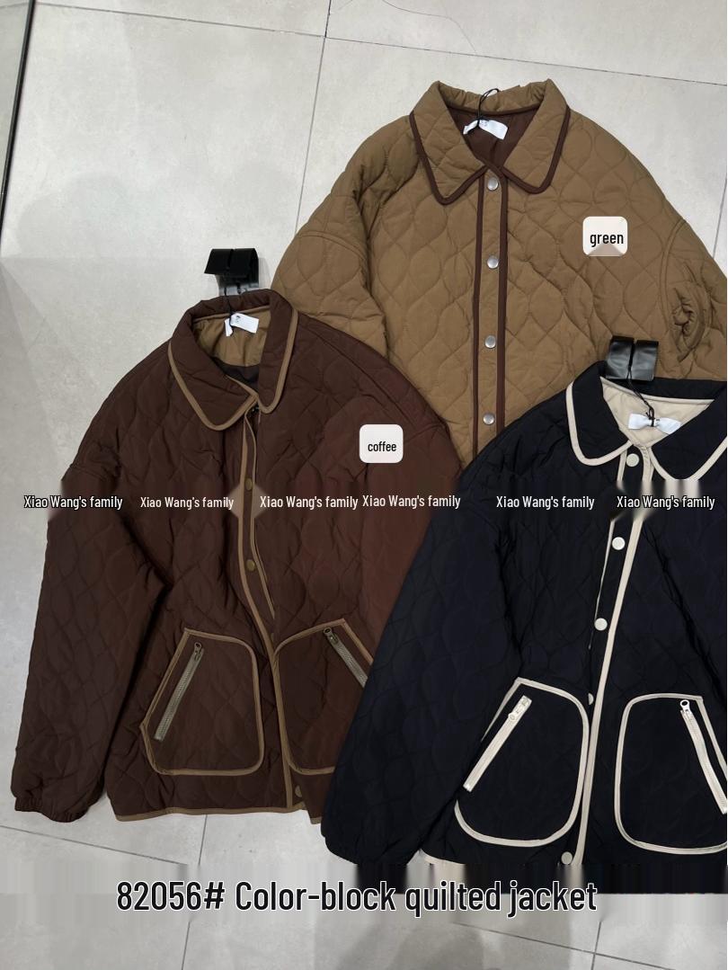 

Xiao Wang s 82056 Winter Korean Oversized Color Block Crew Neck Cotton Jacket One Size кавовий