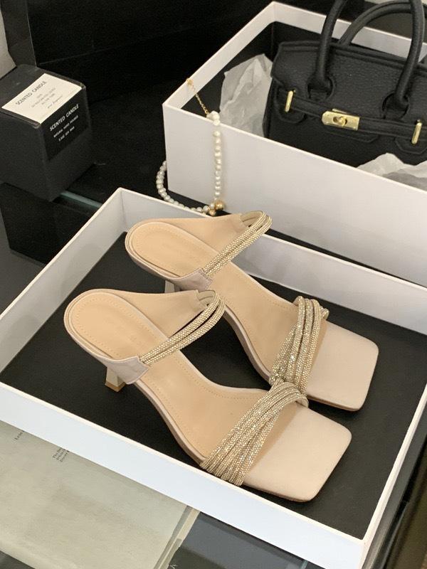 

2025 Французские летние шлепанцы на среднем каблуке со стразами с открытым носком, женские, на тонком каблуке, с квадратным носком, на высоком каблуке, с сандалиями 39 шампанского