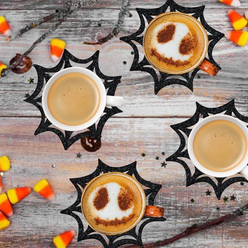 6pcs/set Black Spider Web Coaster Halloween Felt Cup Mat Pad for Home Kitchen Office Bar Party Table Decoration Supplies