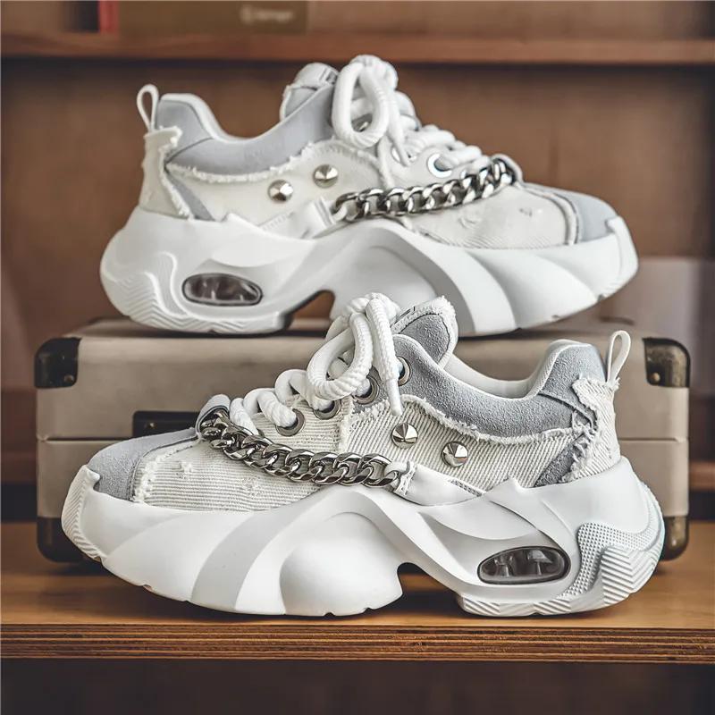 Outdoor Sports Style Men Platform Casual Tennis Sneakers Fashion Metal Chain Decoration Comfortable Lace Up Male Running Shoes