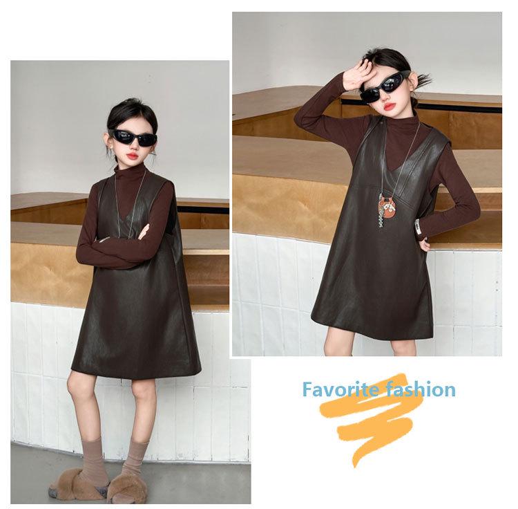 Mädchen 2025 Herbst Lederrock & Weste Kleid Set - Lässiges Zweiteiler-Ensemble