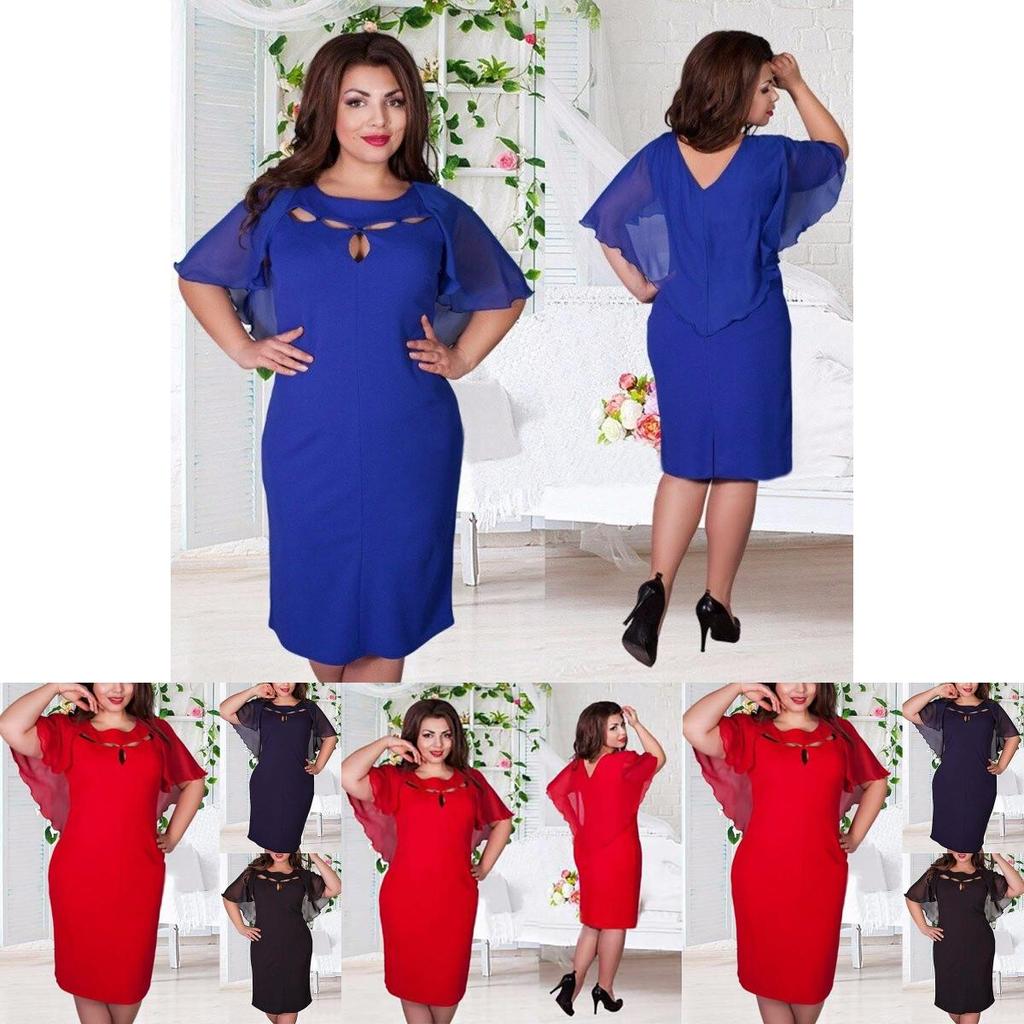 Damska Modna Sukienka Plus Size 6XL z Wycięciami, Krótkim Rękawem, Jednokolorowa, Dla Swobodnego Stylu**