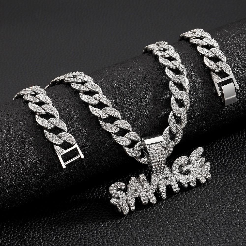 SAVAGE Large Pendant Hip Hop Cuban Chain Street Rap Alloy Full Diamond Personalized Necklace