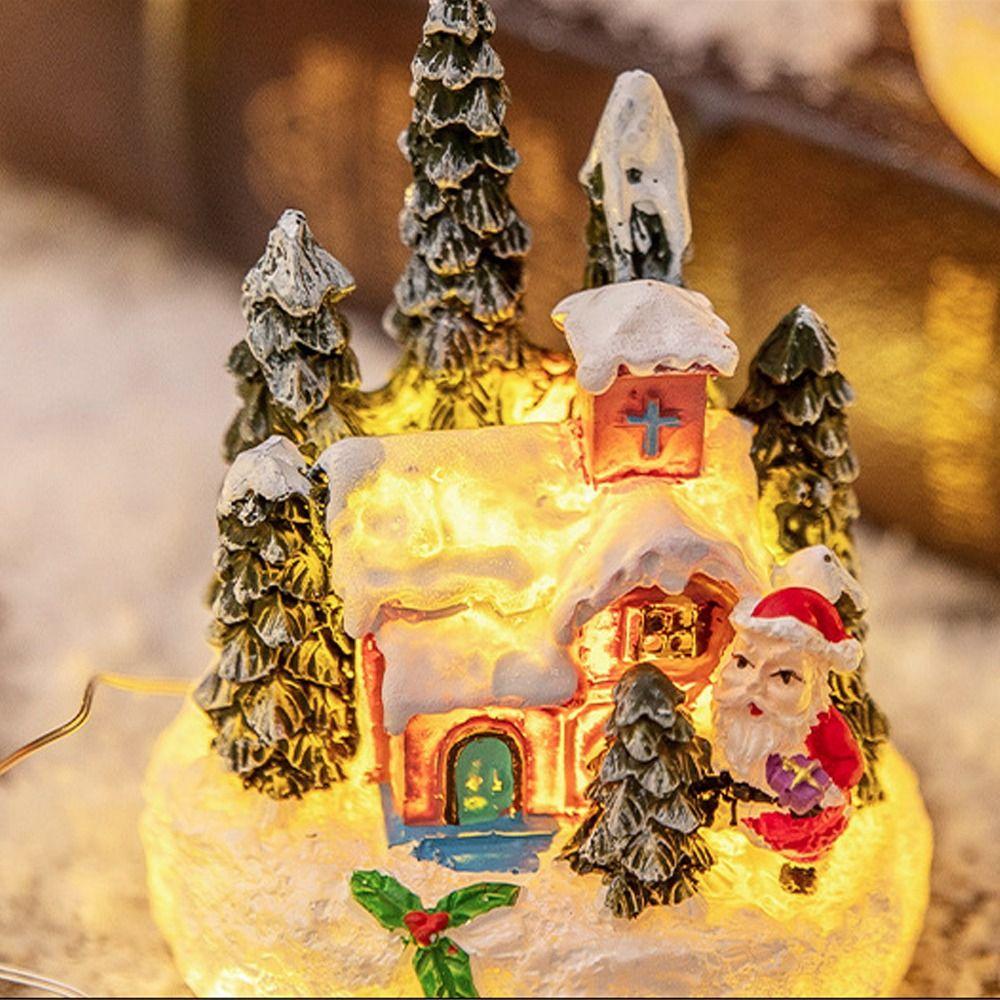Resin House Statue Light Creative Santa Claus Snowman Lamp Miniature Figurine Sculptures  Festival