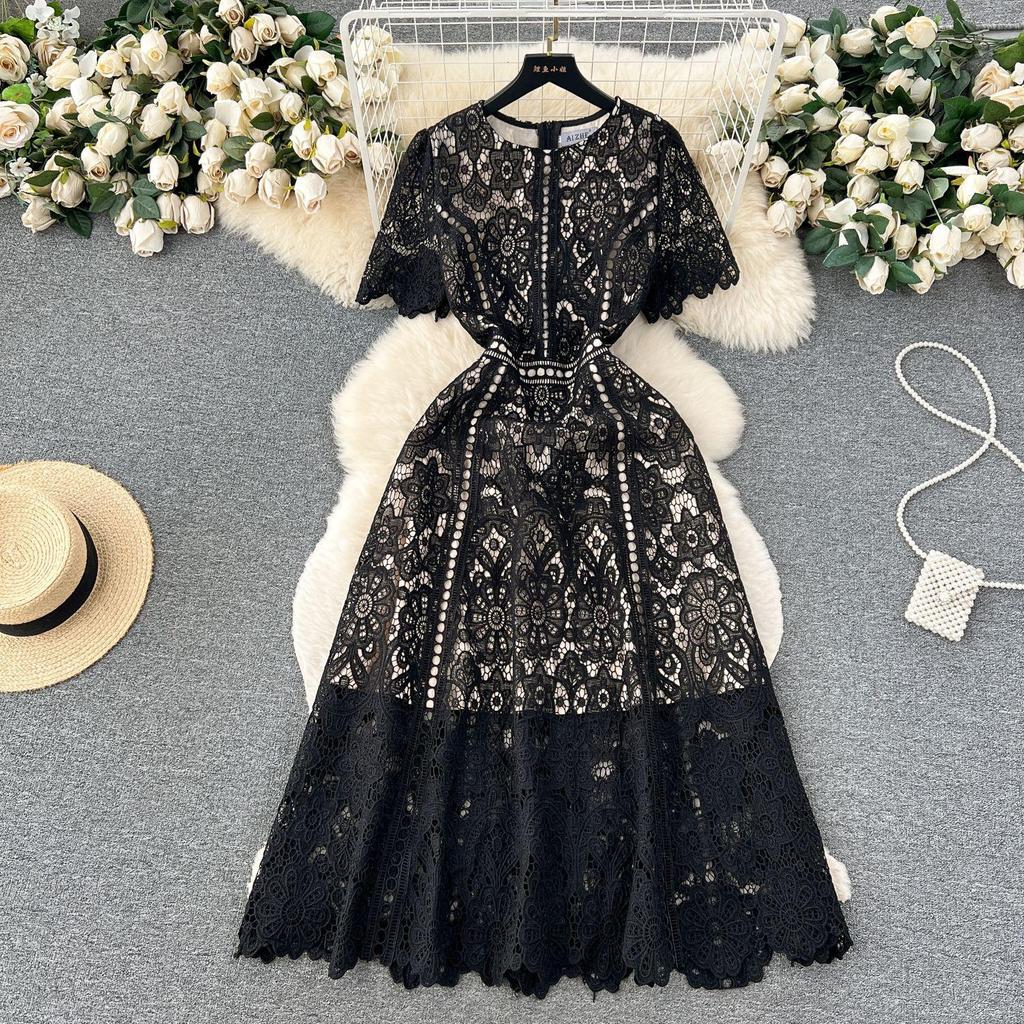 Abito Estivo Donna Vintage Casual in Pizzo Scollo O Manica a Farfalla Zip Gancio Fiore Intrecciato Slim Ricamo Lungo