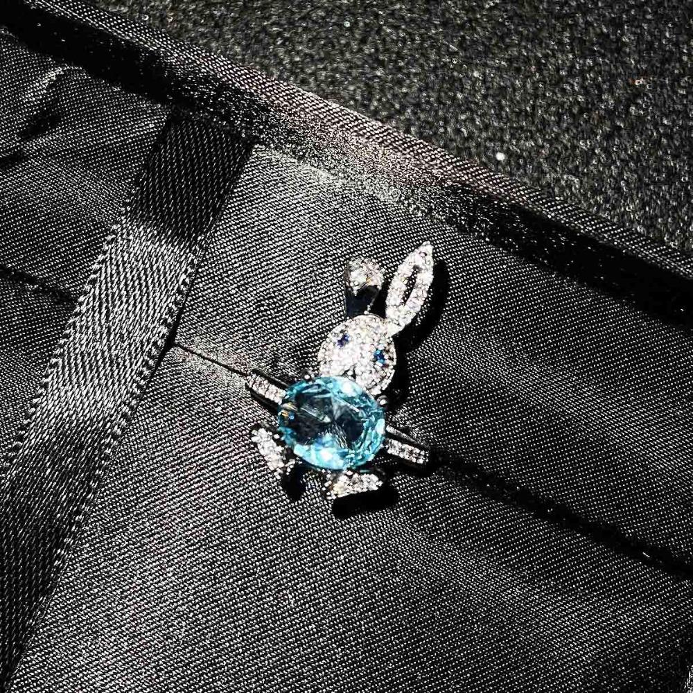 Women Jewelry Set Cute Rabbit Earrings with Micro Pave Diamonds Sky Blue Topaz Pendant Openable Bunny Ring