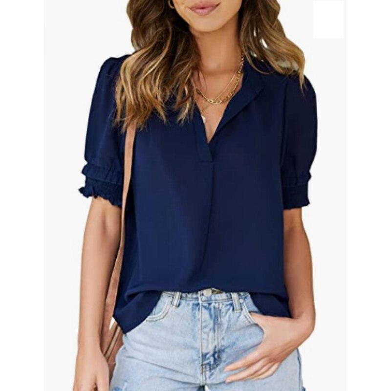 Sommer Kurzarm Bluse 2023 Damen Tops V-Ausschnitt Lässig Locker Einfarbig Süße Puffärmel Chiffon Hemd Kleidung 25785