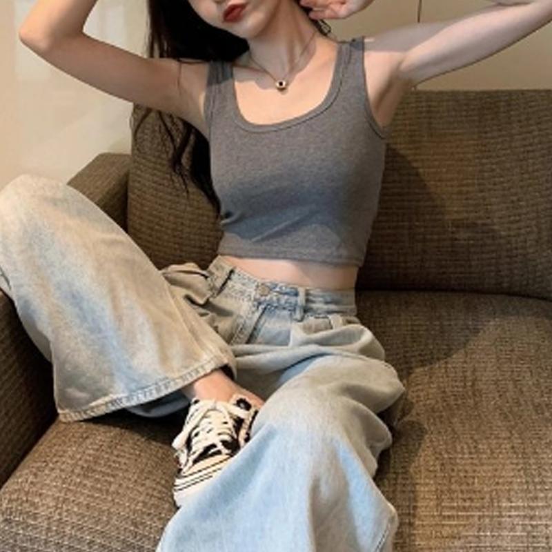 

2025 Женский летний жилет на бретельках, новая мода, облегающий крой, однотонные топы, женские элегантные повседневные простые укороченные топы с подтяжками, женская одежда 3626 One Size темно-серого