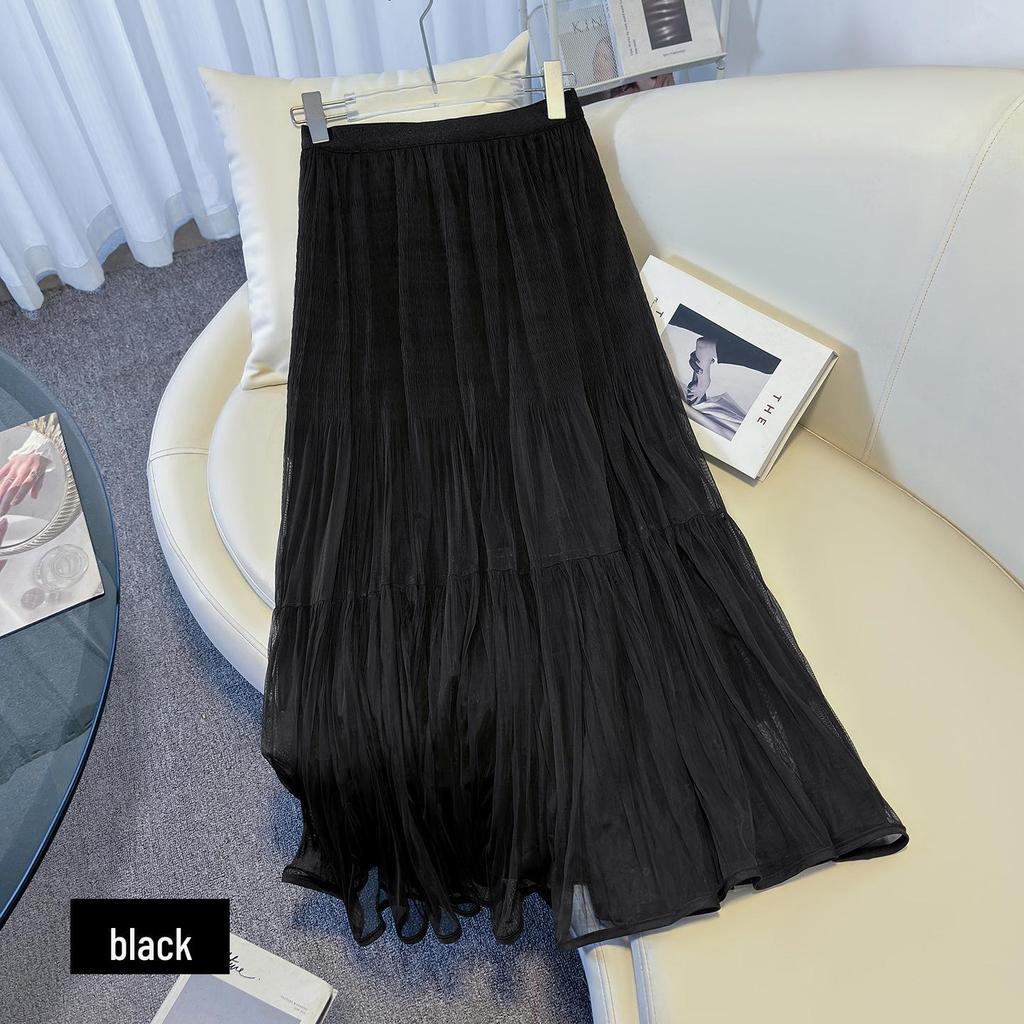 White Mesh Midi Skirt for Women - Elegant High Waist Drape Gentle Style