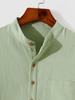 ZAFUL Men's Minimalist Style Cotton and Linen Textured Front Pocket Design Half Button Stand Collar Pullover Long Sleeves Shirt