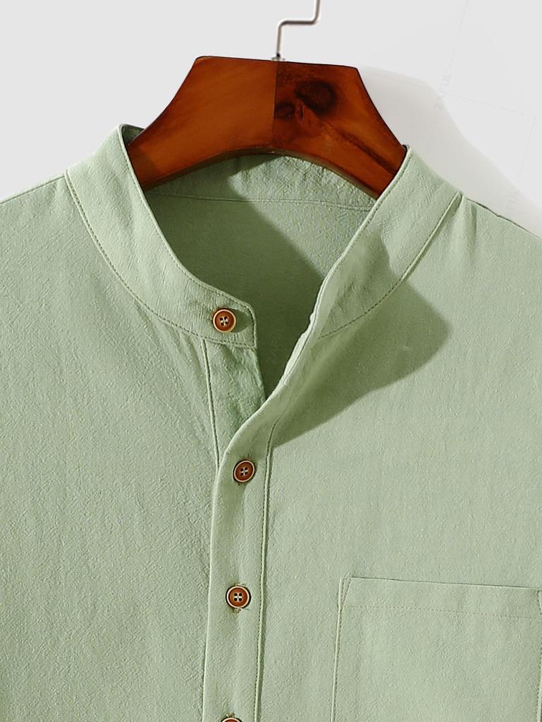 ZAFUL Men's Minimalist Style Cotton and Linen Textured Front Pocket Design Half Button Stand Collar Pullover Long Sleeves Shirt