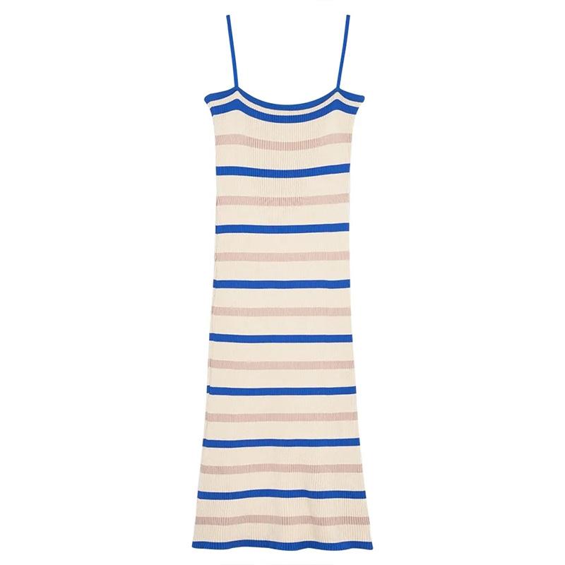 

WTEMPO вязаное длинное платье без рукавов женское полосатое винтажное облегающее платье с открытой спиной на бретелях элегантное корейское шикарное платье One Size синий