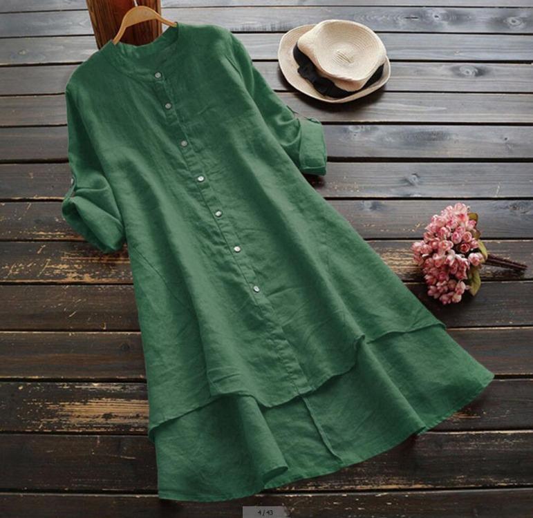 2025 Spring Summer Women’s Long Shirt Cotton Linen Solid Color Buttoned