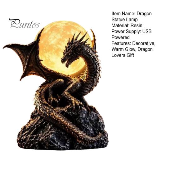 Resin Dragon Sculpture Gothic Moon Statue Lamp, Figurine LED Night Light, Unique Ambient Lighting Sculptural Table Lamp for Room Fantasy Decor, Lovers