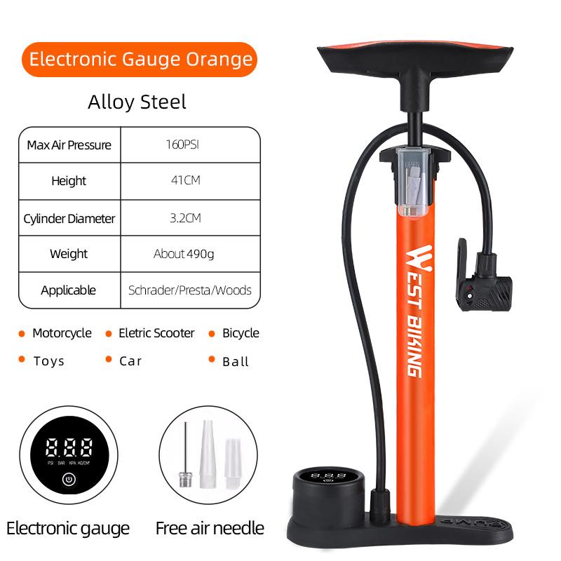 WEST BIKING Bike Pump 150/160PSI High Pressure Digital Pressure Gauge Bicycle Tire Inflator Schrader Presta Valve Universal 160 PSI Orange