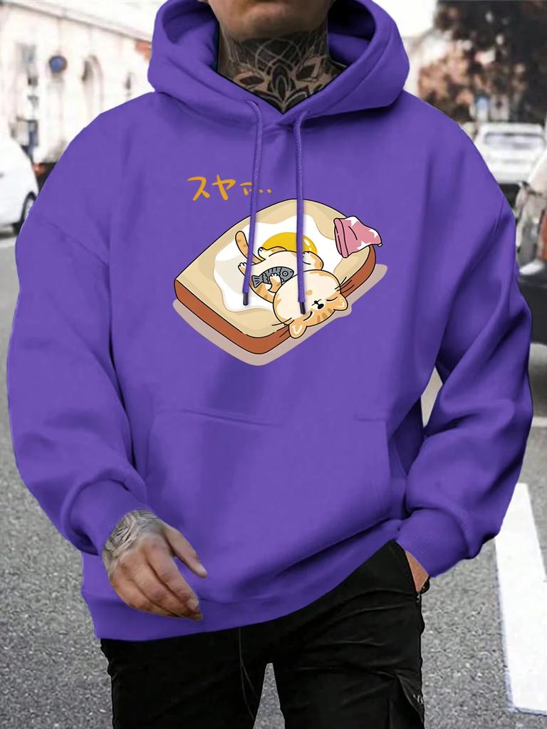 2025 Cartoon Cat Egg Toast Bread Printing Men Hoodie All-Match Autumn Streetwear Comfortable Loose Hoody Fleece Pocket Pullover