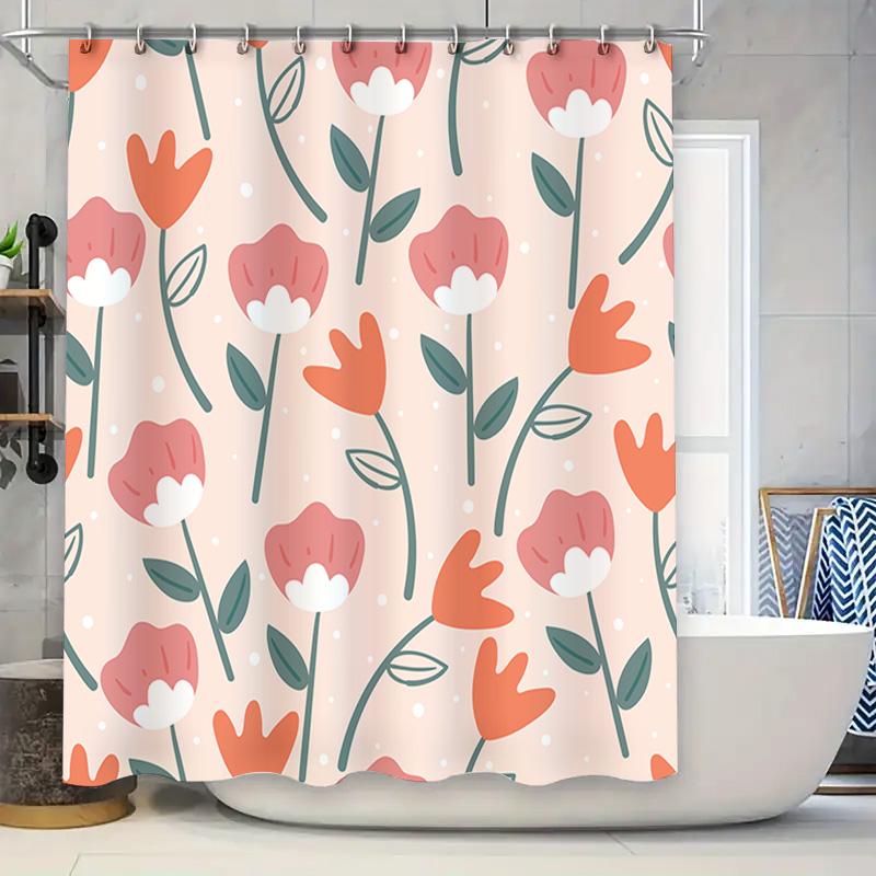Trendy Bathroom Shower Curtain with Floral Print Pink Orange Leaves Pattern for Home Decoration In Bathrooms