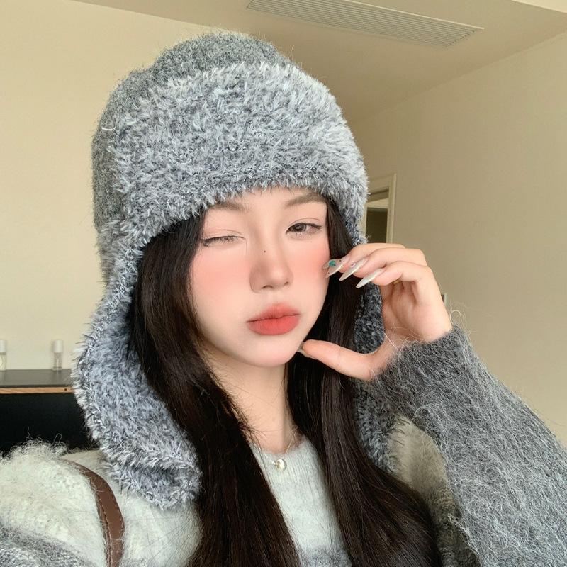 Japanese New Versatile Knitted Plush Lei Feng Hat Autumn and Winter Outdoor Leisure Windproof Warm Hat Showing Face Small Hat for Women