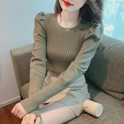 2025 Korean Round Neck Puff Sleeve Knit Sweater Top for Women – Spring/Autumn